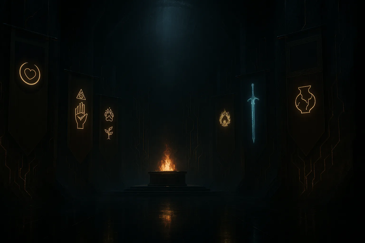 The Hall of Banners — memory banners stitched with House colors and unit crests